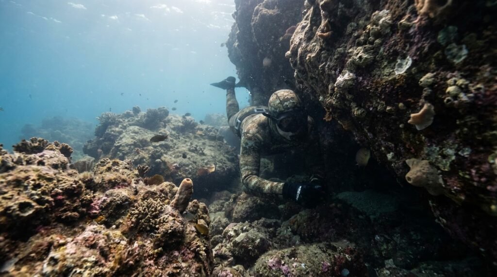 غواص مموه يندمج مع الصخور في قاع البحر