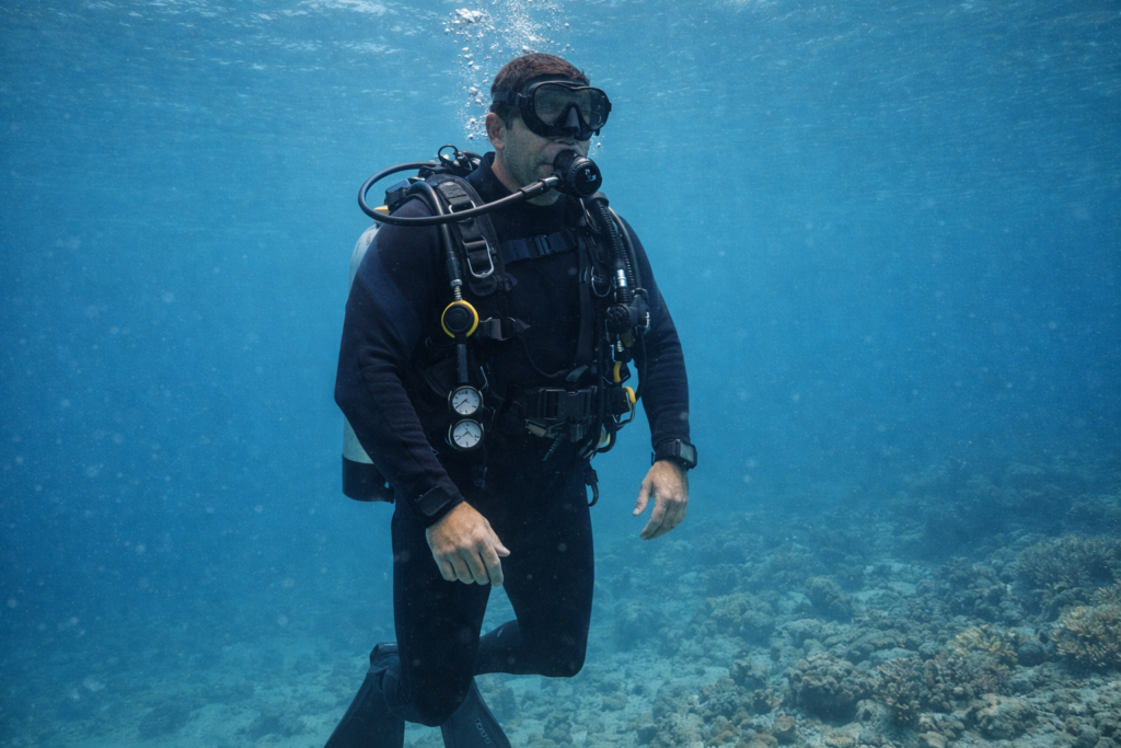 غواص يتوقف عند عمق 5 أمتار أثناء الصعود لإجراء توقف الأمان