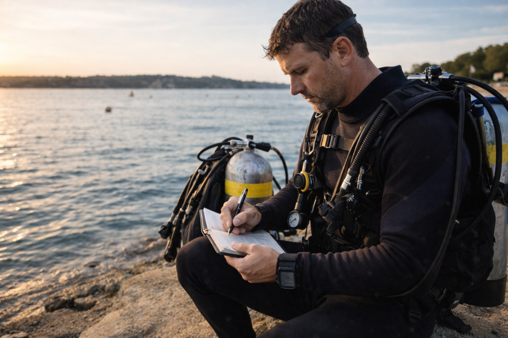 غواص يدوّن تفاصيل الغوصة في سجل الغوص بعد الخروج من الماء