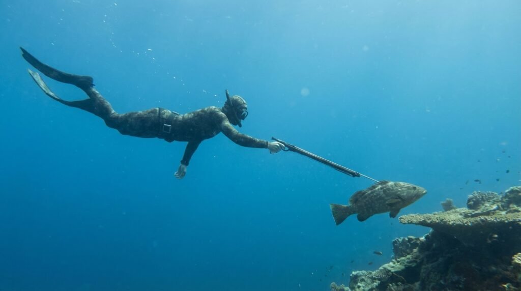 غواص يصوب بندقية الصيد بدقة نحو سمكة في الشعاب