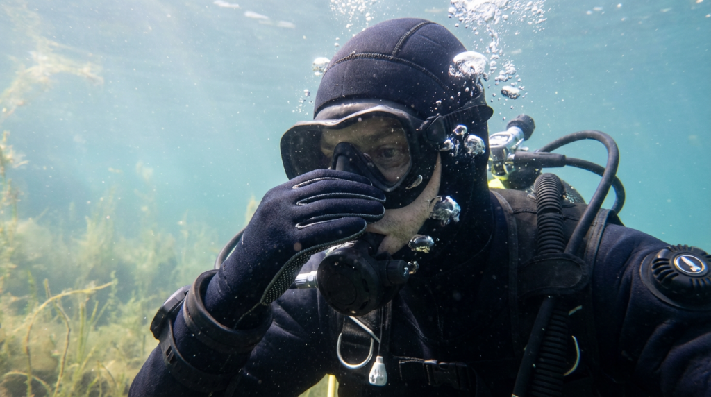 غواص يعادل ضغط الأذن أثناء النزول ببطء في مياه صافية