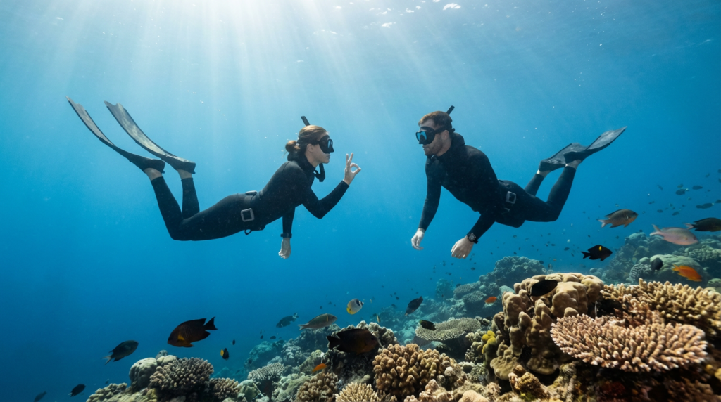 غواصان حران يتبادلان إشارة OK تحت الماء في إطار نظام الزمالة