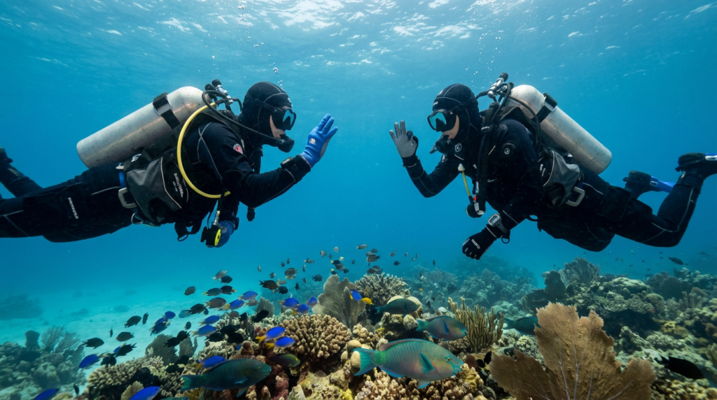 غواصان يتبادلان إشارة OK تحت الماء