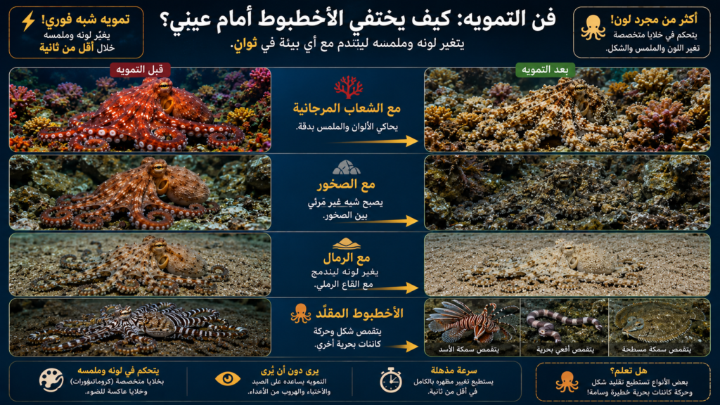 إنفوغرافيك يوضح كيف يختفي الأخطبوط أمام أعين المفترسات باستخدام التمويه المتقدم، من خلال تغيير اللون والملمس والاندماج مع الشعاب المرجانية والصخور والرمال في ثوانٍ معدودة.