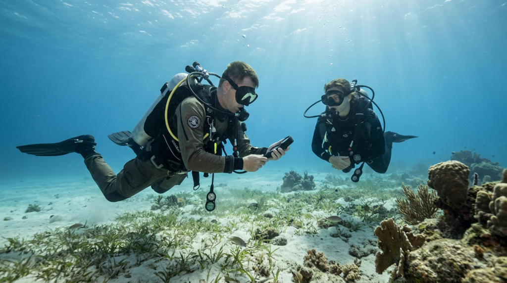 مشهد واقعي لغواص أسطوانات يستعد للنزول مع فحص المعدات تحت ضوء الشمس في مياه بحر صافية