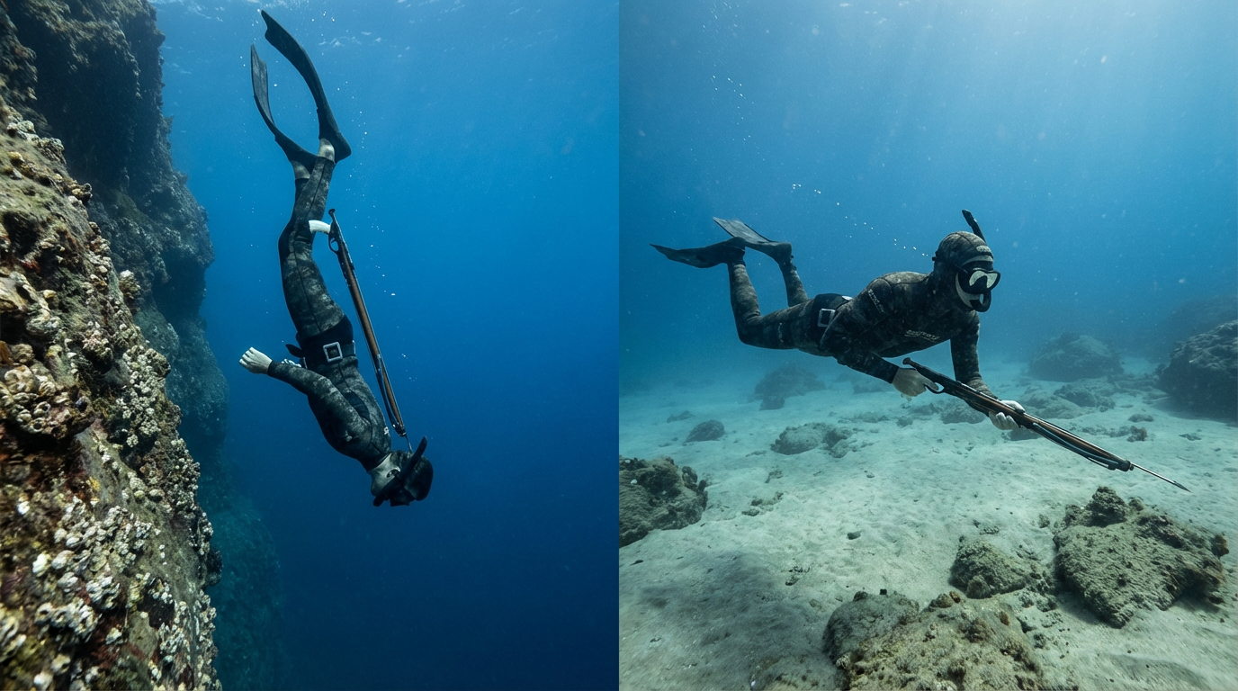 مقارنة بصرية بين صيادين تحت الماء بالغوص الحر الأول ينزل عموديًا وآخر يسبح أفقيًا تحت الماء
