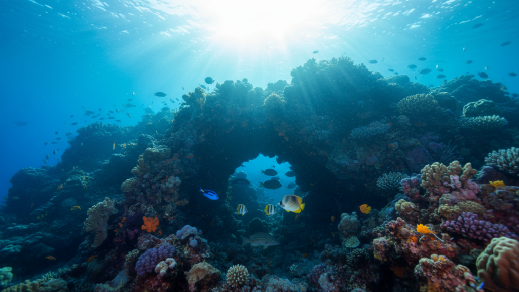 أسماك تختبئ في ظل تجويف صخري تحت أشعة الشمس البحرية