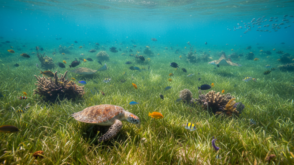 أسماك صغيرة بين أعشاب بحرية كثيفة في مياه ضحلة