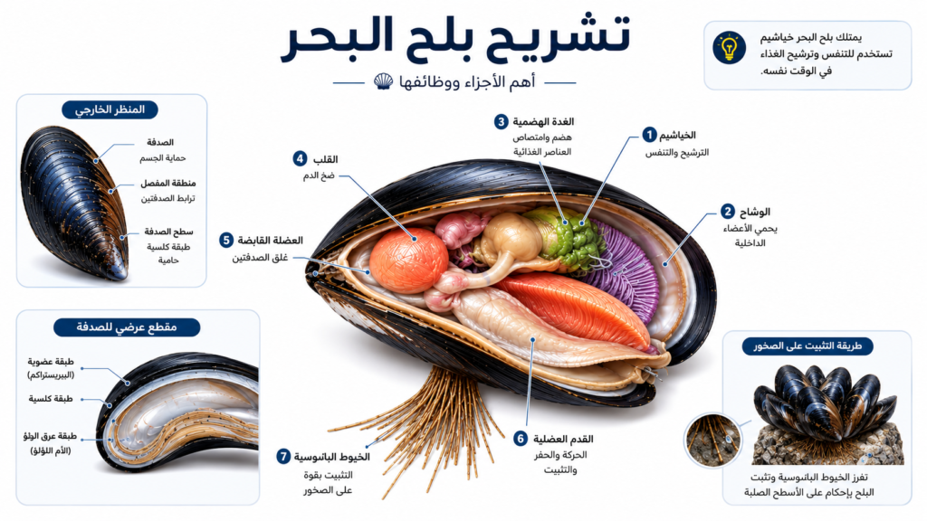 إنفوغرافيك تشريحي يوضح الأجزاء الداخلية والخارجية لبلح البحر، بما في ذلك الخياشيم والوشاح والقلب والغدة الهضمية والقدم العضلية والخيوط البِسّوسية، مع شرح وظائف كل جزء في التغذية والتنفس والتثبيت على الصخور.