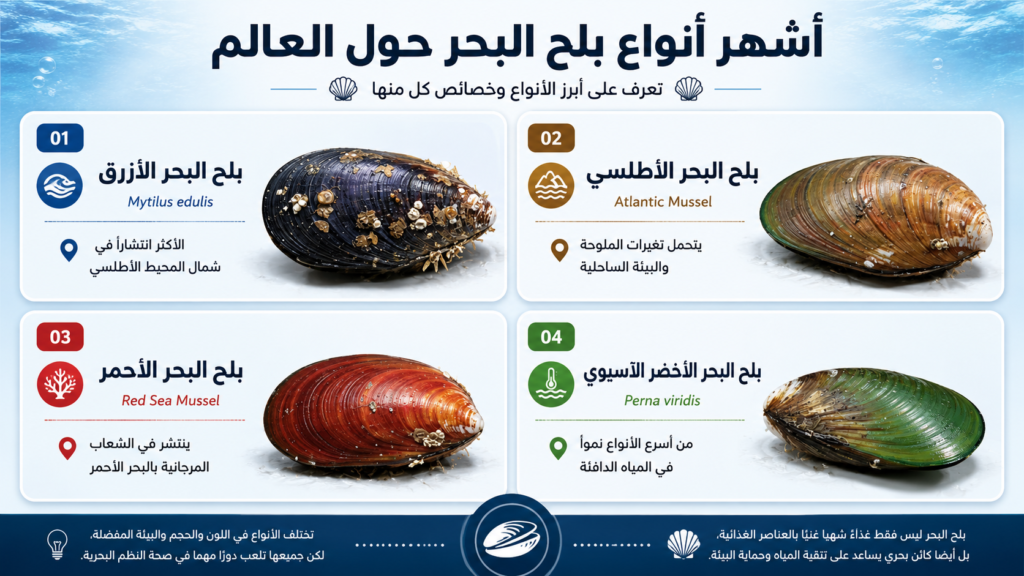 إنفوغرافيك يقارن أشهر أنواع بلح البحر حول العالم، بما في ذلك بلح البحر الأزرق والأطلسي والأحمر والأخضر الآسيوي، مع توضيح خصائص كل نوع ومناطق انتشاره في البيئات البحرية المختلفة.