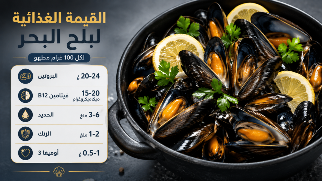 إنفوغرافيك يوضح القيمة الغذائية لبلح البحر لكل 100 غرام مطهو، مع عرض محتوى البروتين وفيتامين B12 والحديد والزنك وأوميغا 3 إلى جانب طبق من بلح البحر المطهو مع الليمون والأعشاب.