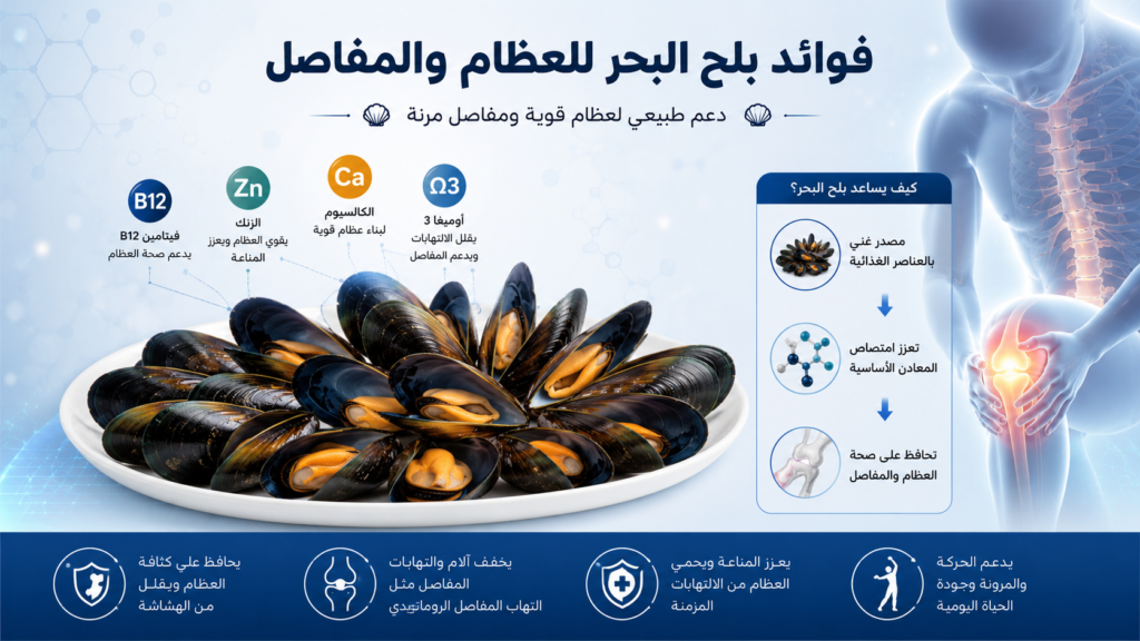 إنفوغرافيك يوضح فوائد بلح البحر لصحة العظام والمفاصل، مع إبراز عناصر غذائية مهمة مثل أوميغا 3 والكالسيوم والزنك وفيتامين B12، إلى جانب رسم يشرح دورها في دعم كثافة العظام وتقليل الالتهابات وتحسين حركة المفاصل.