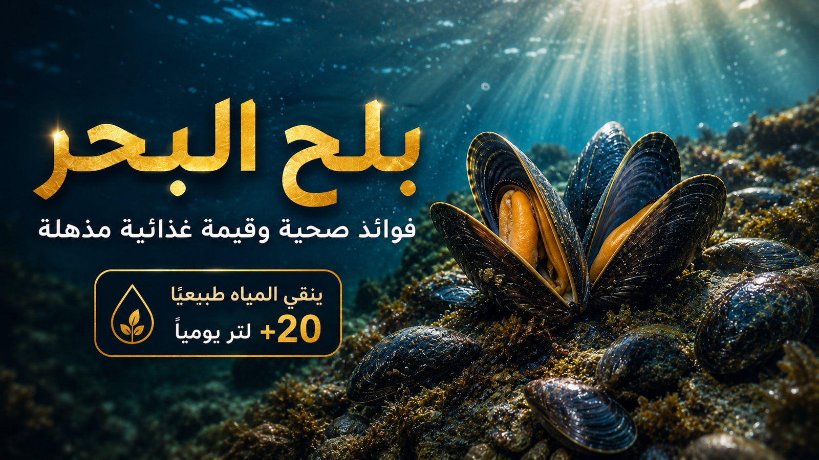 بلح البحر مثبت على صخور بحرية تحت الماء، محاط بأصداف وطحالب طبيعية، بينما تتسلل أشعة الشمس عبر المياه الزرقاء لتبرز دوره كغذاء بحري غني بالعناصر الغذائية وكائن يساهم في تنقية المياه الساحلية.