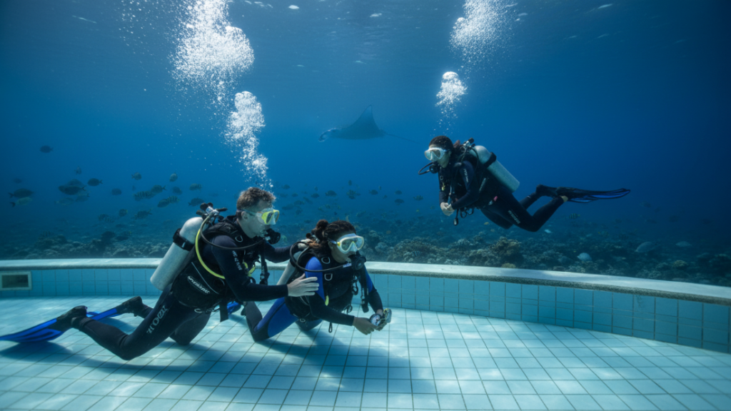 تدرج غواص من مسبح تدريبي إلى مياه مفتوحة