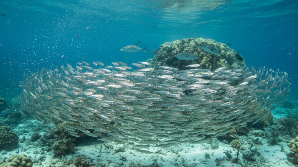 سرب سردين يسبح عكس التيار مع ظهور مفترس في الخلفية