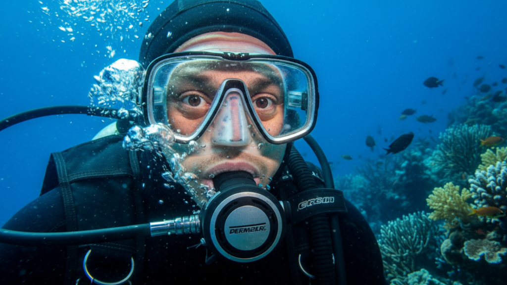 غواص تحت الماء مع تعبير يقظة طبيعية دون ذعر