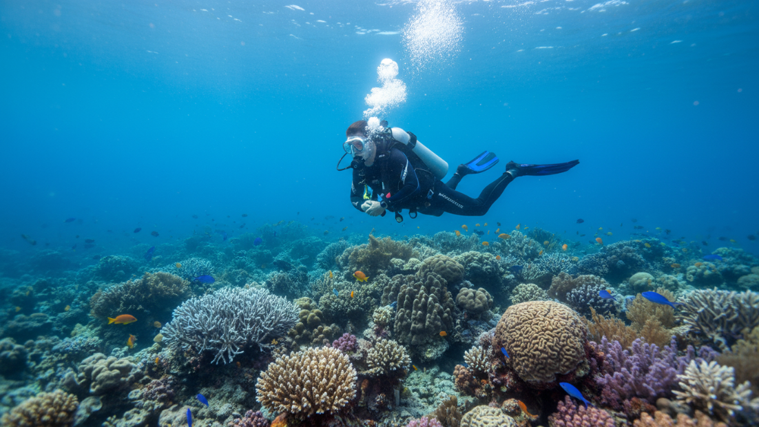 غواص ينظم تنفسه بهدوء تحت الماء