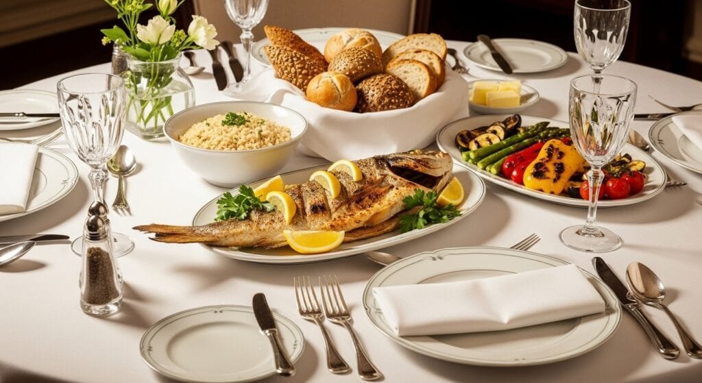 مائدة أنيقة تتضمن سمك مشوي وأرز بني وخضار مشوية مع تزيين بالأعشاب