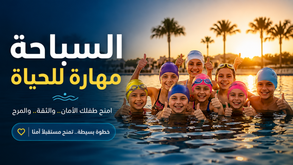 مجموعة أطفال سعداء داخل المسبح بعد تعلم السباحة مع رسالة توعوية عن أهمية السباحة كمهارة أمان وثقة للأطفال