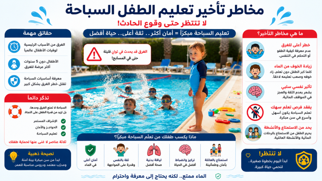 إنفوغرافيك عربي يشرح مخاطر تأخير تعليم الطفل السباحة وتأثير الخوف من الماء وزيادة خطر الغرق مع فوائد تعلم السباحة المبكر للأطفال