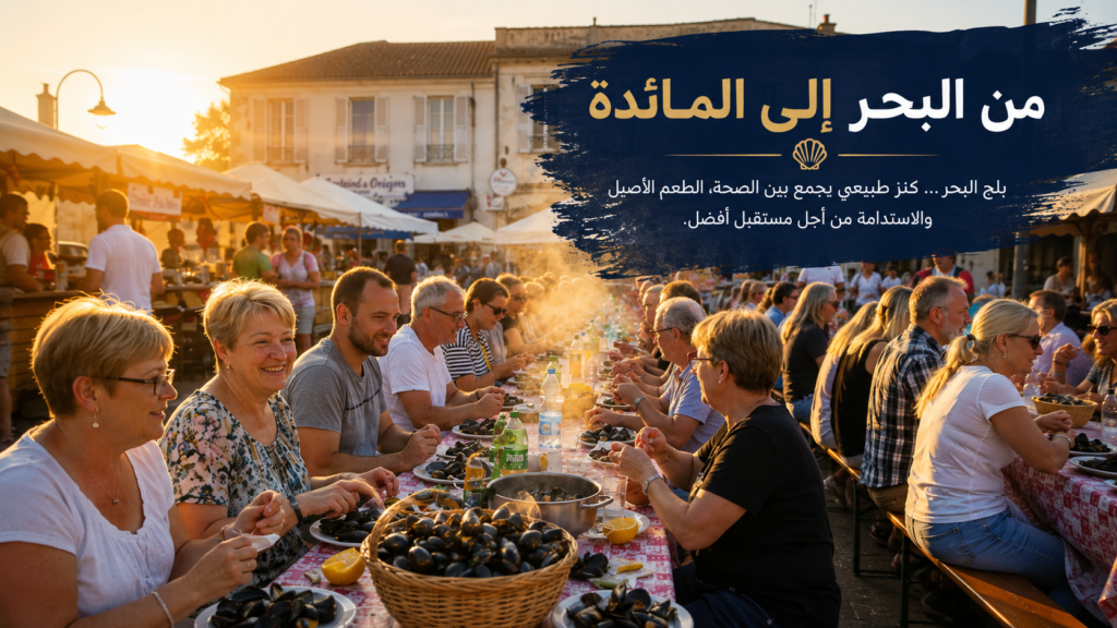 مشهد احتفالي في الهواء الطلق يجمع عشرات الأشخاص حول مائدة طويلة لتناول بلح البحر الطازج، وسط أجواء دافئة عند الغروب، في صورة تعكس ارتباط هذا الغذاء البحري بالثقافة المحلية والاستدامة والحياة الاجتماعية.