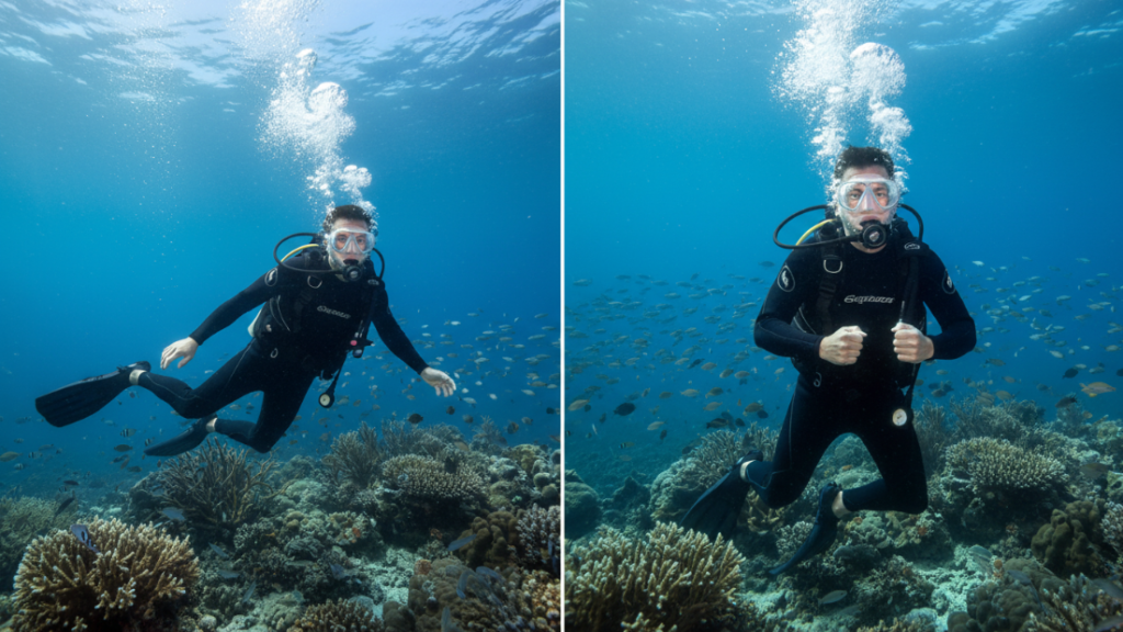 مقارنة بين غواص هادئ وغواص متوتر تحت الماء