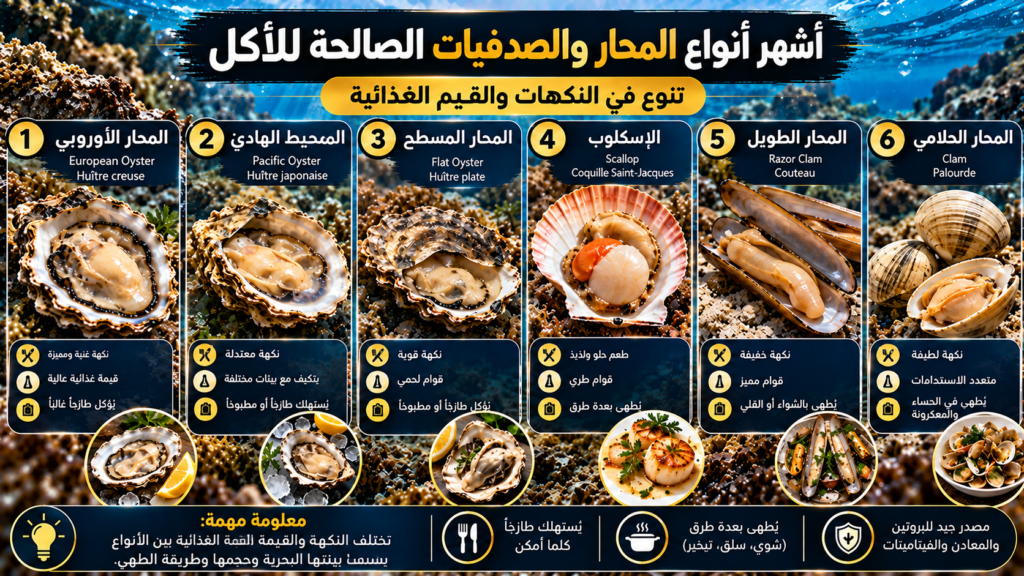 إنفوغرافيك يوضح أشهر أنواع المحار والصدفيات البحرية الصالحة للأكل، بما فيها المحار الأوروبي ومحار المحيط الهادئ والمحار المسطح والإسكالوب والمحار الطويل والمحار الحلامي، مع مقارنة أشكالها ونكهاتها وطرق تحضيرها.