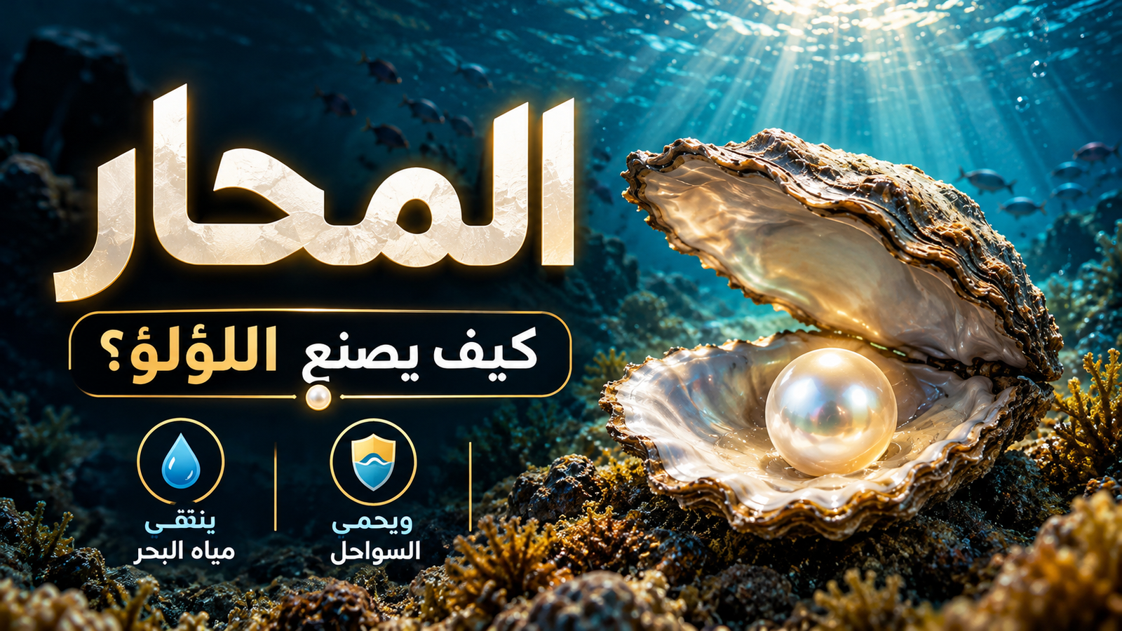 محار بحري مفتوح بداخله لؤلؤة لامعة تحت الماء، يوضح كيف يصنع المحار اللؤلؤ ودوره في تنقية مياه البحر وحماية السواحل.