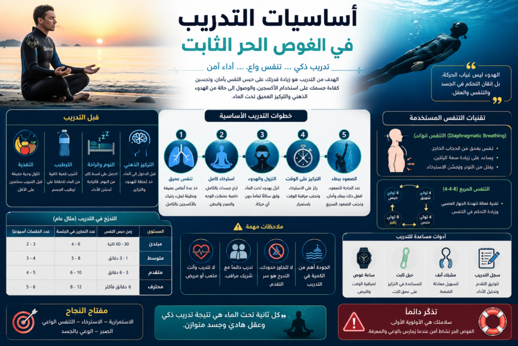 إنفوجرافيك عربي يشرح أساسيات التدريب في الغوص الحر الثابت، يشمل تقنيات التنفس العميق، الاسترخاء، التحكم في ضربات القلب، التدرج في حبس النفس، ومعدات السلامة الأساسية.