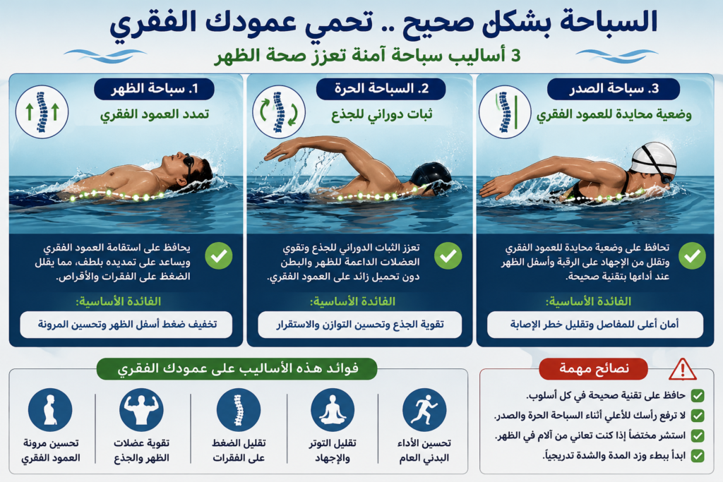 إنفوجرافيك يوضح أفضل أنواع السباحة لصحة العمود الفقري مثل السباحة على الظهر والسباحة الحرة وسباحة الصدر مع فوائد كل أسلوب