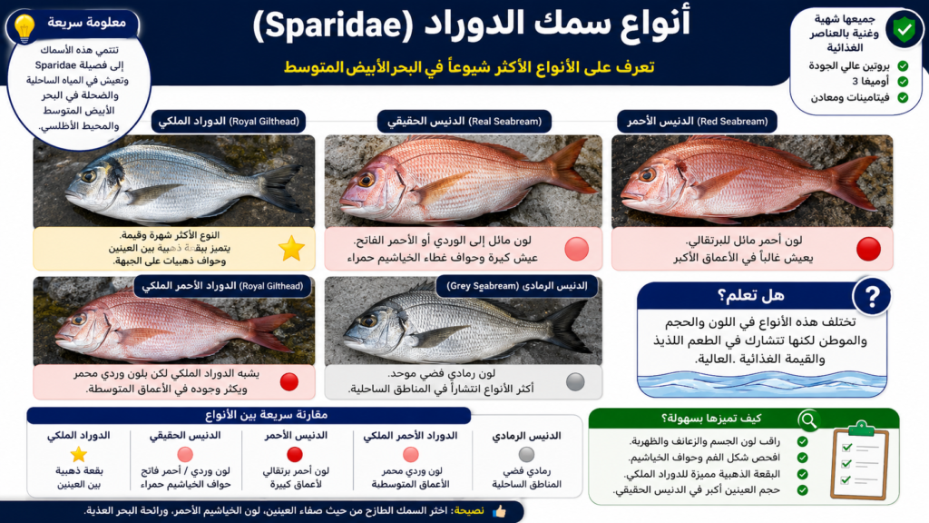 إنفوجرافيك عربي يوضح أنواع سمك الدوراد (زريقة, أمون, الدنيس) في البحر الأبيض المتوسط مع صور حقيقية ومقارنة بين الدوراد الملكي والدنيس الأحمر والرمادي وخصائص كل نوع