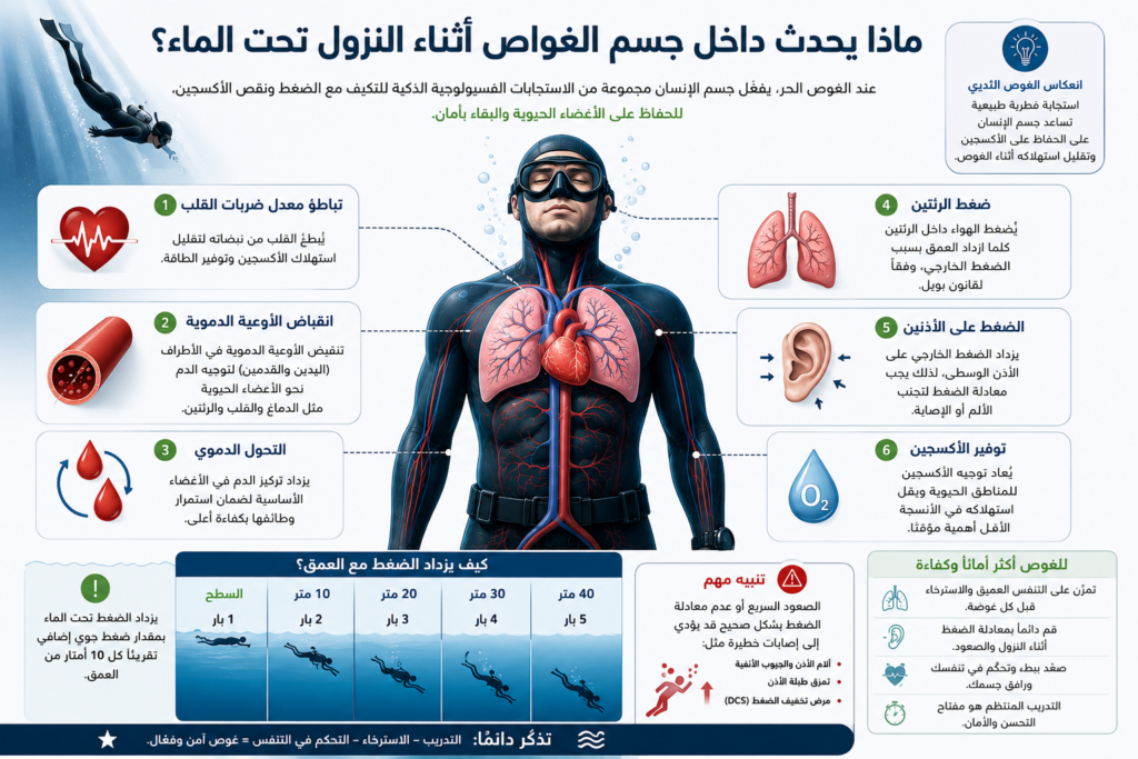 إنفوجرافيك تشريحي يوضح ماذا يحدث داخل جسم الغواص أثناء الغوص الحر والصيد تحت الماء، بما يشمل تباطؤ ضربات القلب وانقباض الأوعية الدموية وتأثير الضغط على الرئتين والأذنين.