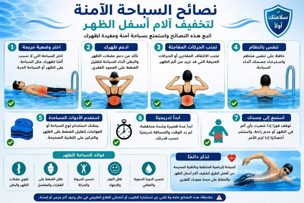 إنفوجرافيك عربي يوضح أهم نصائح السباحة الآمنة لتخفيف آلام أسفل الظهر وتحسين صحة العمود الفقري