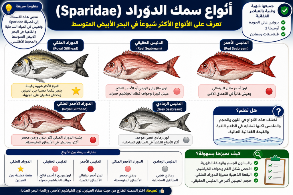 إنفوجرافيك يوضح أنواع سمك الدوراد والدنيس (Sparidae) مع مقارنة بين الدوراد الملكي والدنيس الأحمر والرمادي من حيث الشكل والخصائص