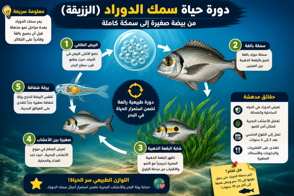 إنفوجرافيك يوضح دورة حياة سمك الدوراد (Sparus aurata) من البيوض العائمة إلى اليرقة ثم السمكة الصغيرة وصولًا إلى السمكة البالغة