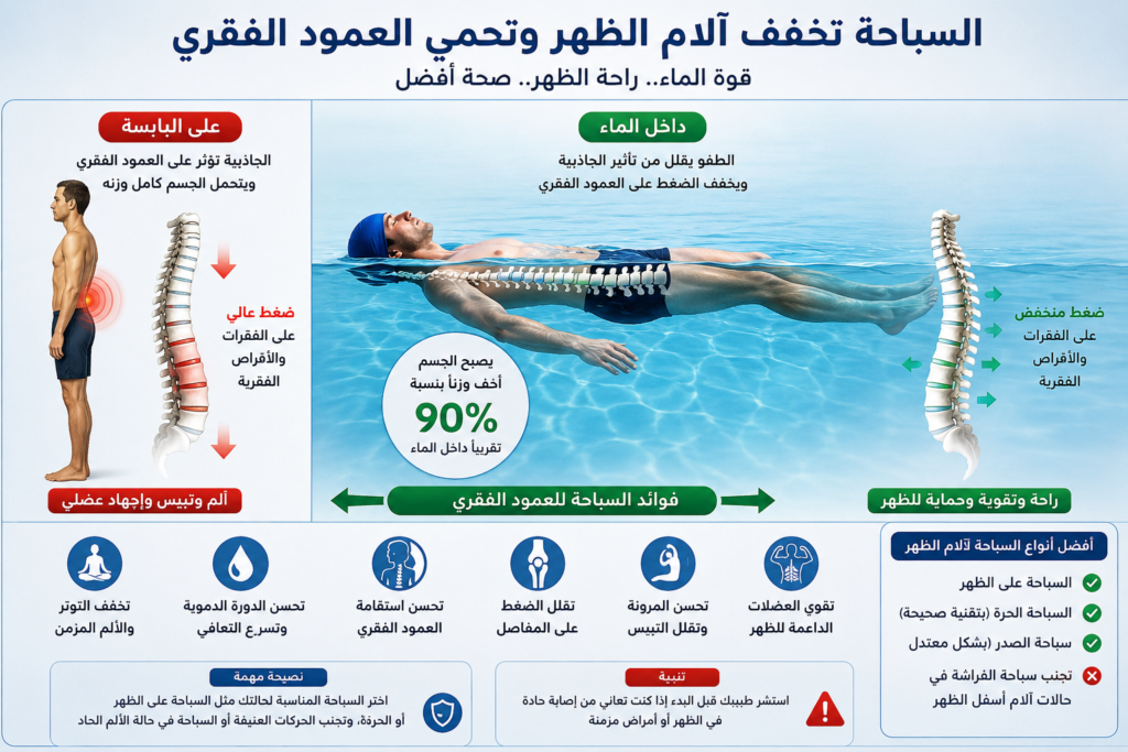 إنفوجرافيك يوضح كيف تساعد السباحة على تخفيف الضغط عن العمود الفقري وتقليل آلام الظهر بفضل الطفو والمقاومة المائية