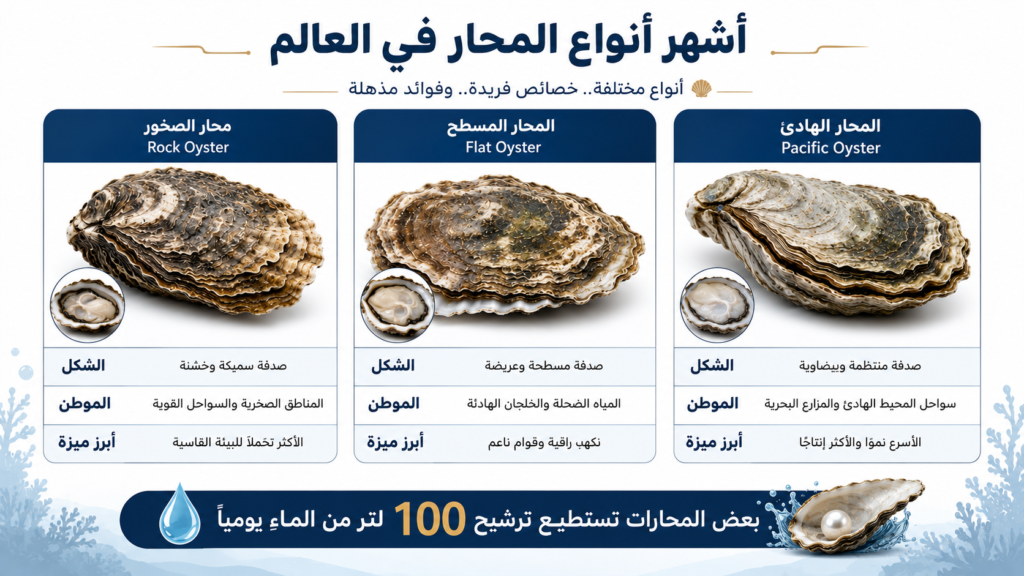 إنفوغرافيك يقارن بين أشهر أنواع المحار في العالم، بما في ذلك المحار الهادئ والمحار المسطح ومحار الصخور، مع توضيح الشكل والموطن وأبرز ميزة لكل نوع.