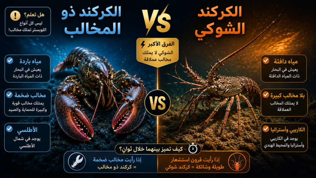 إنفوغرافيك يقارن بين الكركند ذو المخالب والكركند الشوكي، موضحًا الفروق الرئيسية في الموطن، وشكل الجسم، ووجود المخالب العملاقة، وأماكن الانتشار حول العالم.