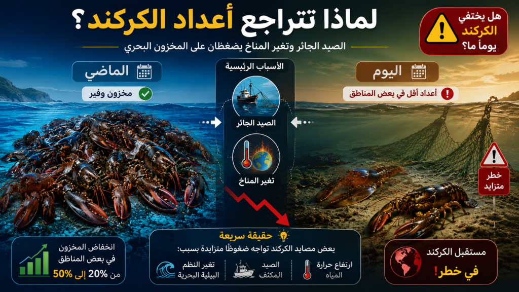إنفوغرافيك يوضح أسباب تراجع أعداد الكركند، مع مقارنة بين وفرة المخزون البحري في الماضي وانخفاضه في بعض المناطق اليوم بسبب الصيد الجائر وتغير المناخ.