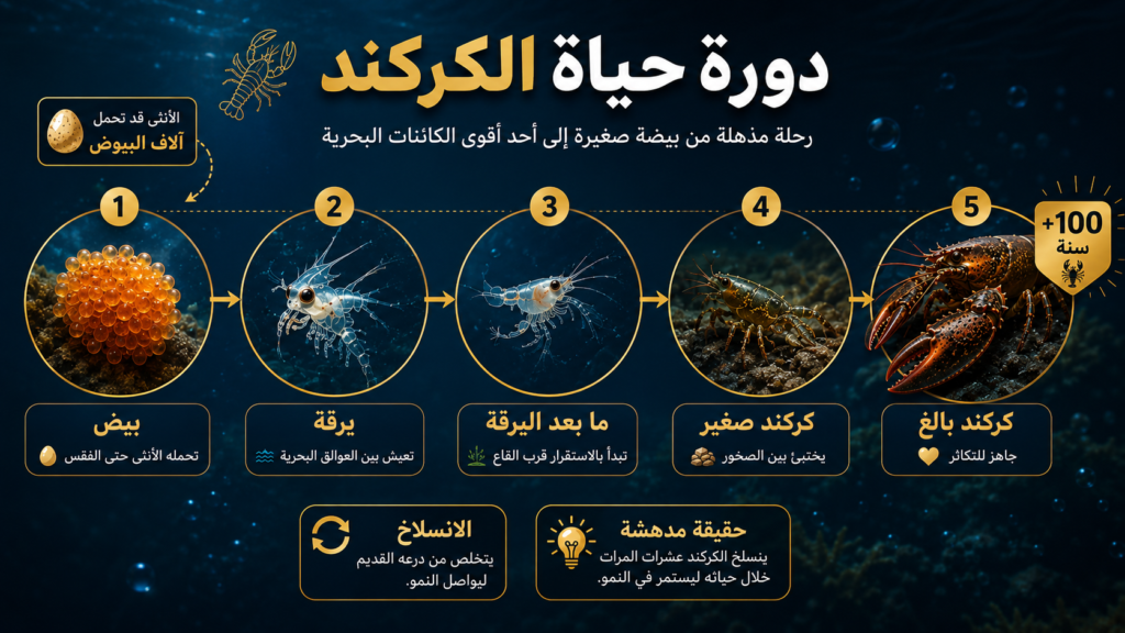 إنفوغرافيك يوضح دورة حياة الكركند خطوة بخطوة، من البيض واليرقة إلى الكركند البالغ، مع حقائق مدهشة عن النمو والانسلاخ والعمر الطويل الذي قد يتجاوز 100 عام.