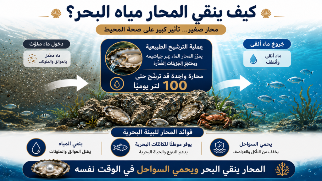 إنفوغرافيك يوضح كيف ينقّي المحار مياه البحر عبر عملية الترشيح الطبيعية، مع مقارنة بين المياه المحمّلة بالعوالق والملوثات والمياه الأكثر نقاءً بعد مرورها عبر شعاب المحار، إضافة إلى دوره في حماية السواحل ودعم الحياة البحرية.