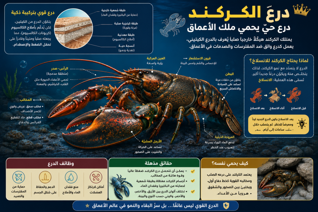إنفوجرافيك عربي يشرح البنية الخارجية للكركند وهيكله الكيتيني الصلب ووظائف المخالب والانسلاخ كوسيلة للنمو والحماية