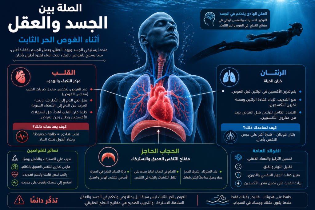 رسم تشريحي يوضح العلاقة بين القلب والرئتين والحجاب الحاجز أثناء الغوص الحر الثابت وتأثير التحكم في التنفس على استهلاك الأكسجين والاسترخاء تحت الماء.