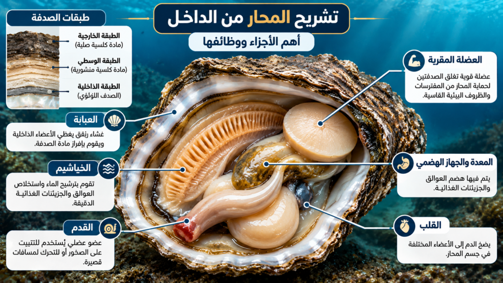 تشريح المحار من الداخل مع توضيح أجزائه الرئيسية، بما فيها الخياشيم والعباءة والعضلة المقربة والجهاز الهضمي والقلب، ووظيفة كل عضو.