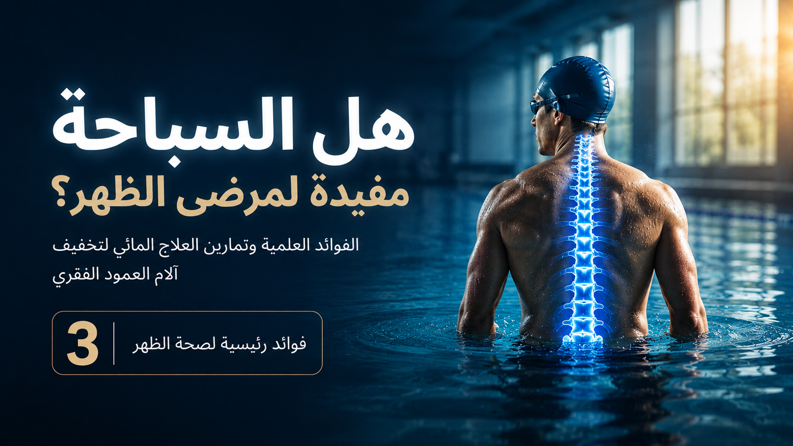 رجل يسبح داخل مسبح بتصميم سينمائي احترافي مع توهج تشريحي أزرق للعمود الفقري يوضح تأثير السباحة على صحة الظهر وتخفيف آلام العمود الفقري.