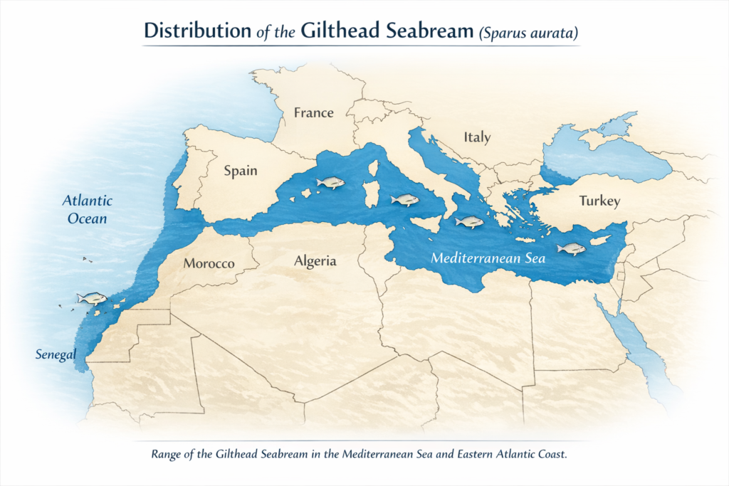 خريطة انتشار سمك الدوراد Sparus aurata في البحر الأبيض المتوسط والسواحل الشرقية للمحيط الأطلسي