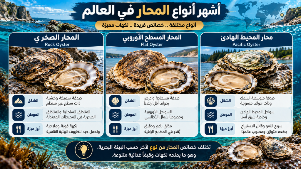 إنفوغرافيك يقارن بين أشهر أنواع المحار في العالم: المحار الصخري، والمحار المسطح الأوروبي، ومحار المحيط الهادئ، من حيث شكل الصدفة والموطن والخصائص المميزة.