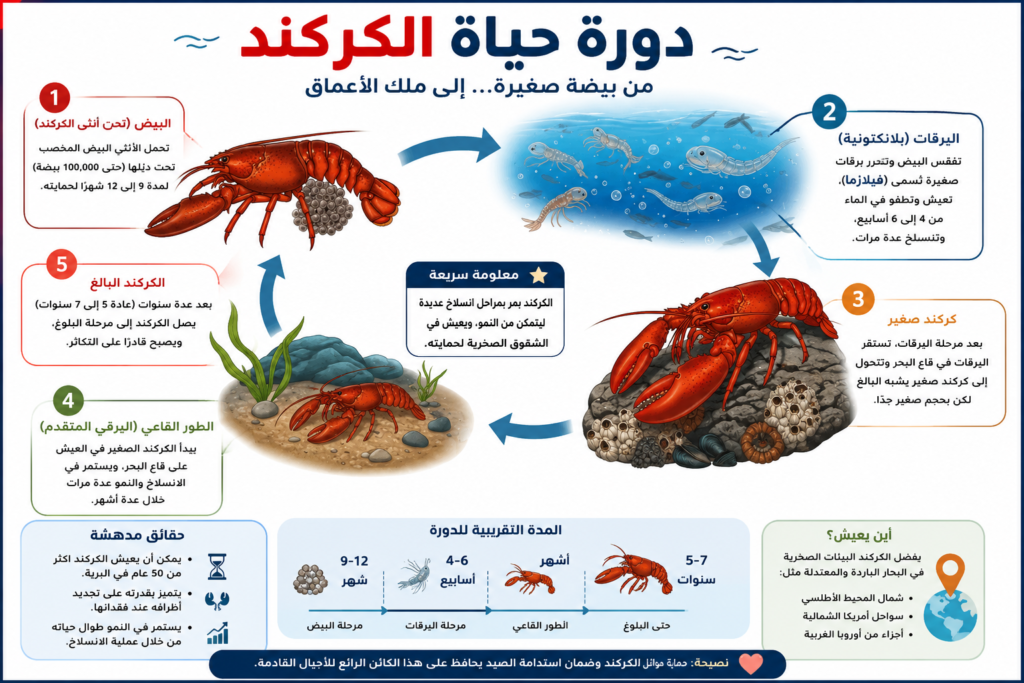 إنفوجرافيك عربي يشرح دورة حياة الكركند من البيض واليرقات حتى البلوغ مع مراحل النمو والانسلاخ في البيئة البحرية
