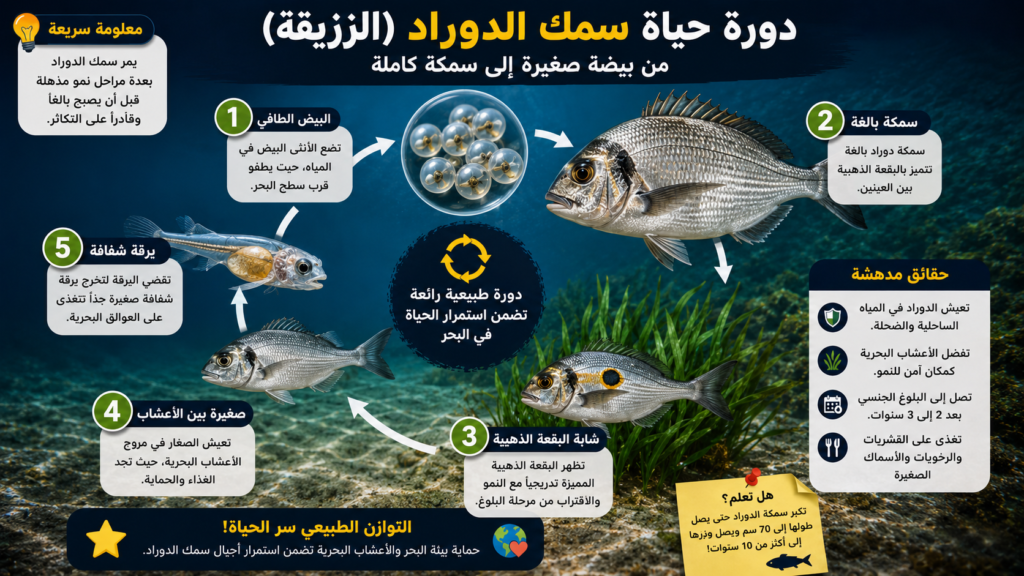 إنفوجرافيك عربي يوضح دورة حياة سمك الدوراد (زريقة, أمون, الدنيس) من البيوض العائمة واليرقات الشفافة إلى السمكة البالغة داخل بيئة البحر الأبيض المتوسط