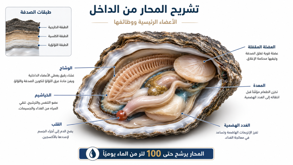 رسم تشريحي للمحار يوضح الأعضاء الداخلية الرئيسية مثل الخياشيم والوشاح والقلب والمعدة والغدد الهضمية، مع شرح طبقات الصدفة ودور المحار في ترشيح المياه البحرية.